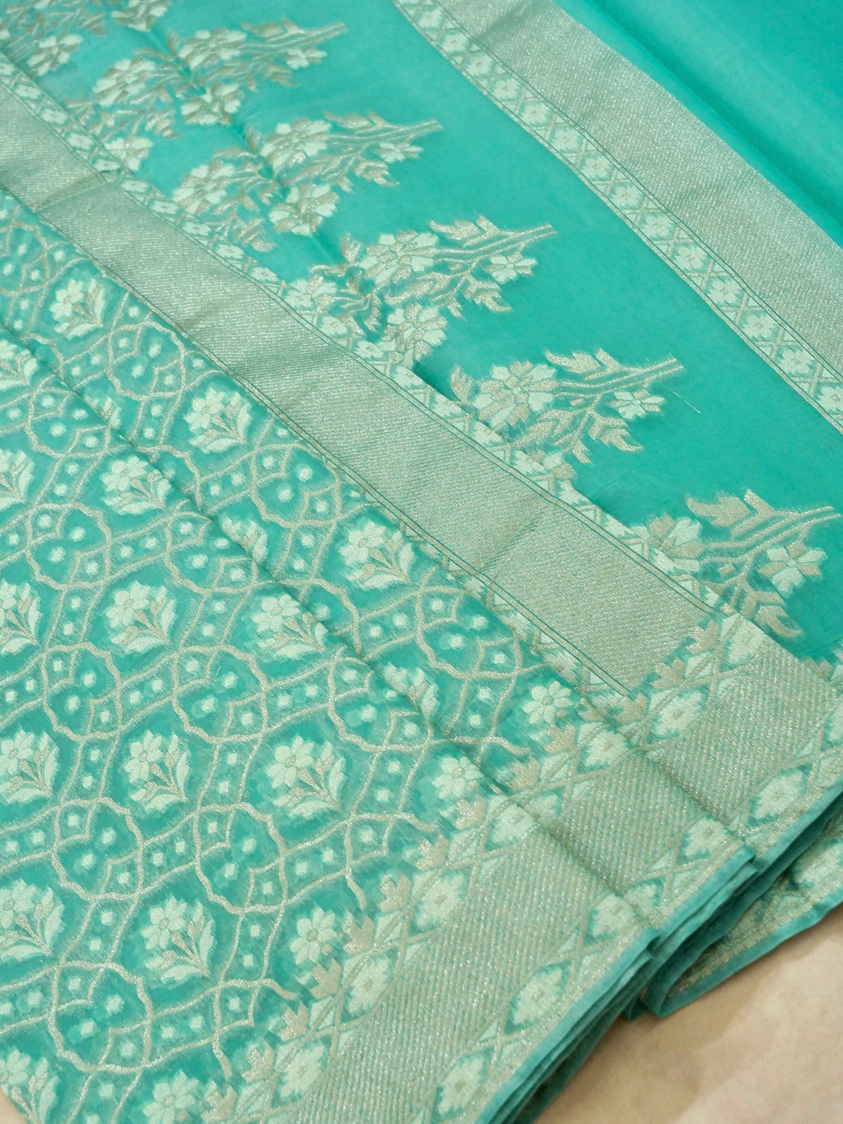 Aqua Blue Jamdhani-Style Saree with Intricate Floral Motifs