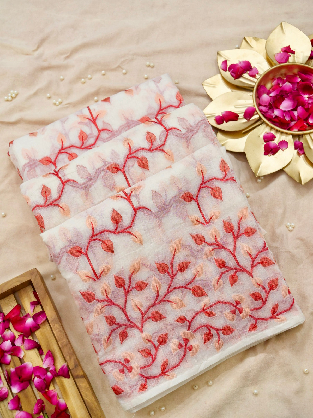 Ivory Jamdhani Style Saree with Coral Geometric Floral Pattern