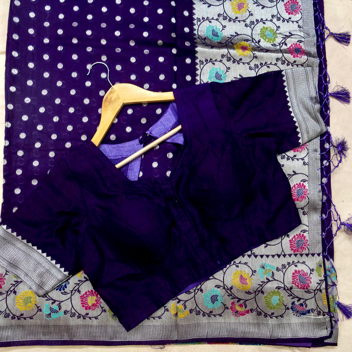 Deep Purple Raw Silk Polka Dot Saree with Floral Border