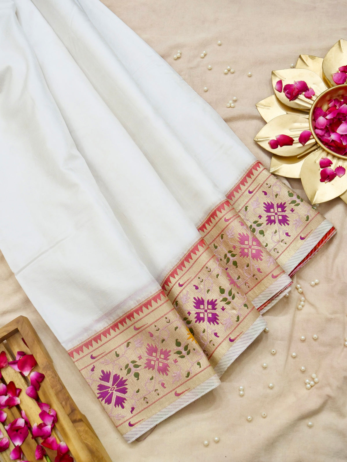 Durga Pooja Special - Ivory Banarasi Silk Saree