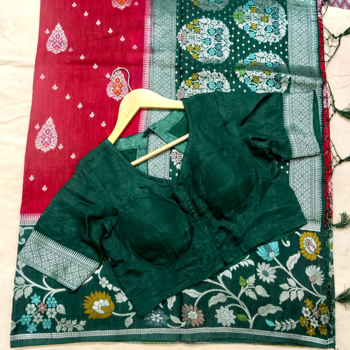 Classic Red Raw Silk Saree with Floral Deep Teal Border
