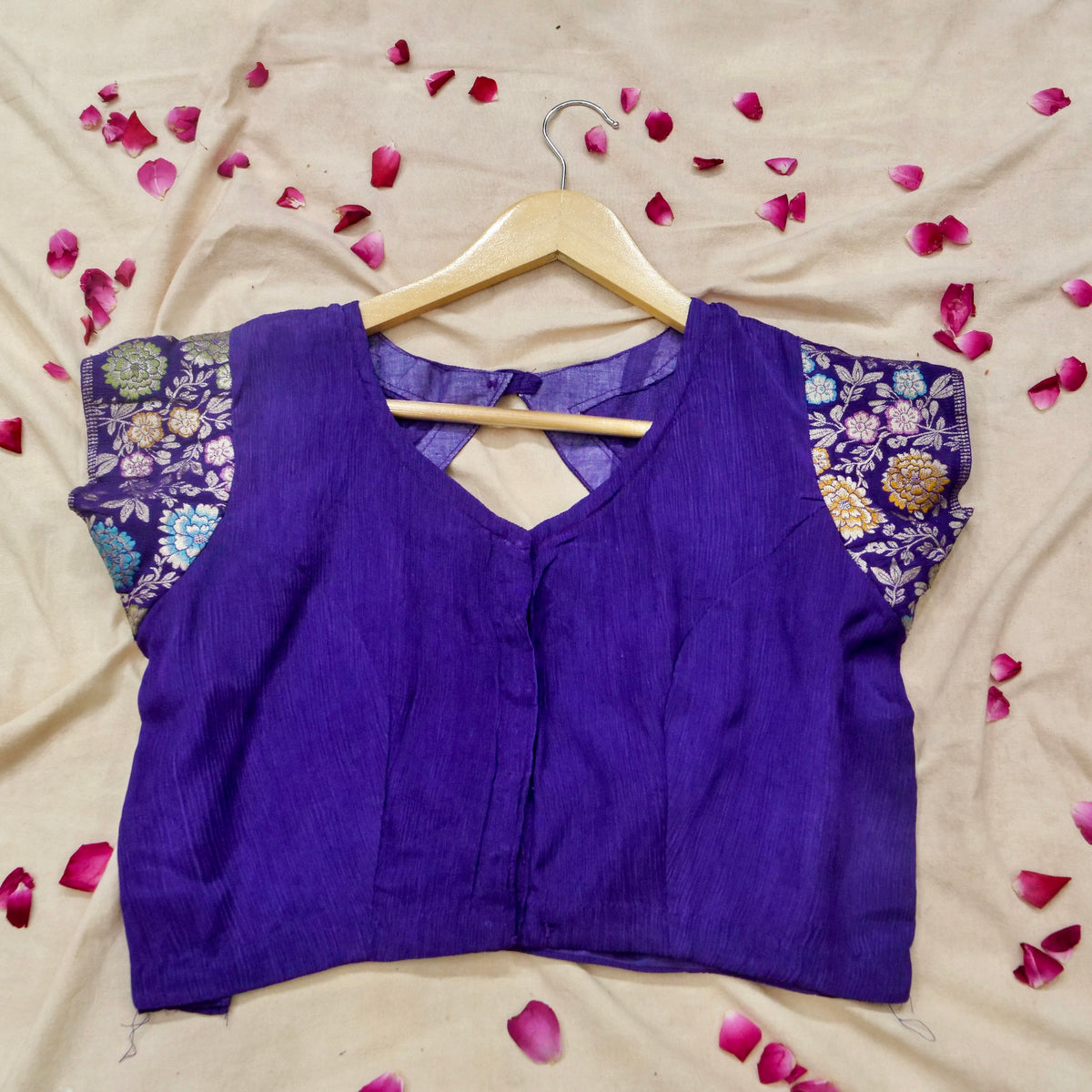 Royal Purple Chinon Silk Saree with Multicolor Floral Border and Stitched Blouse
