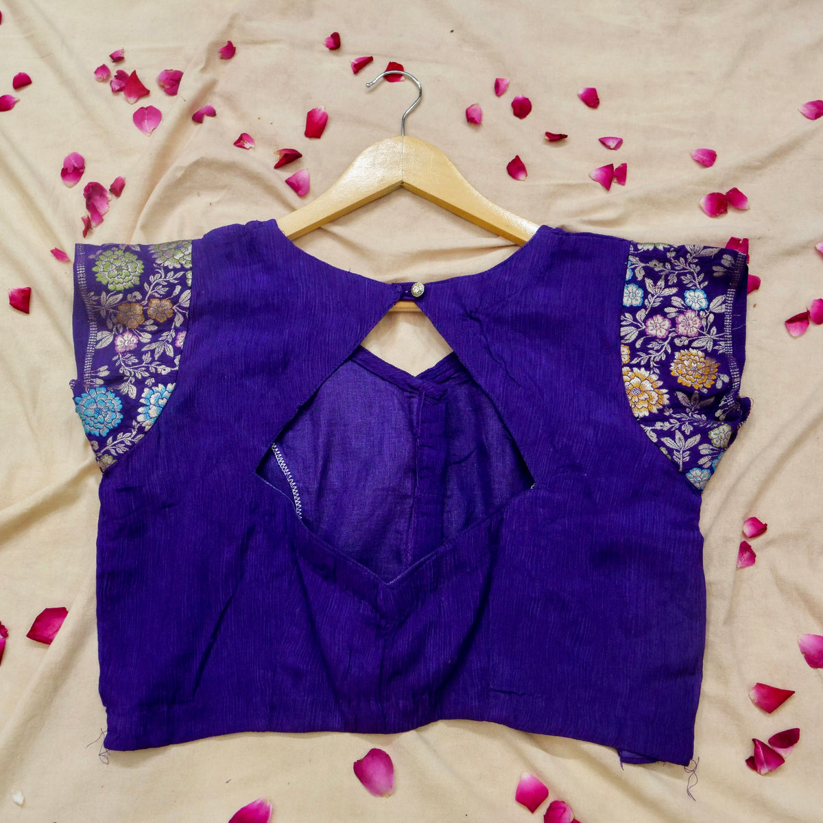 Royal Purple Chinon Silk Saree with Multicolor Floral Border and Stitched Blouse
