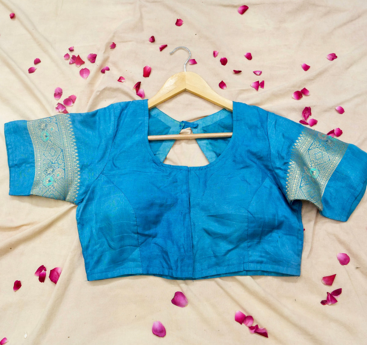 Navy Blue Banarasi Dola Silk Saree with Turquoise Floral Border and Stitched Blouse