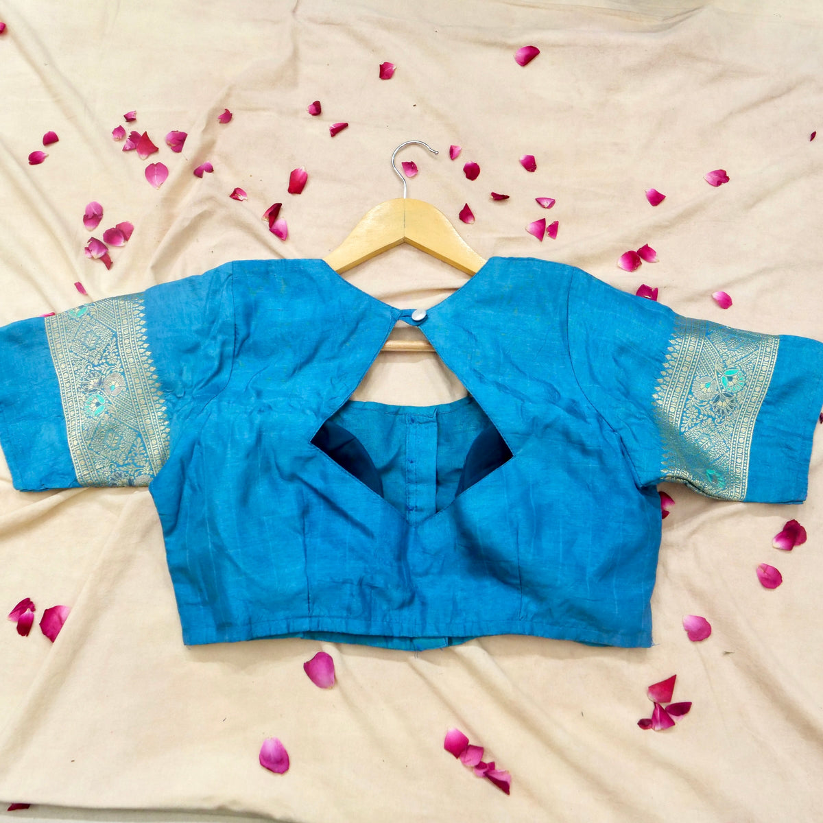 Navy Blue Banarasi Dola Silk Saree with Turquoise Floral Border and Stitched Blouse