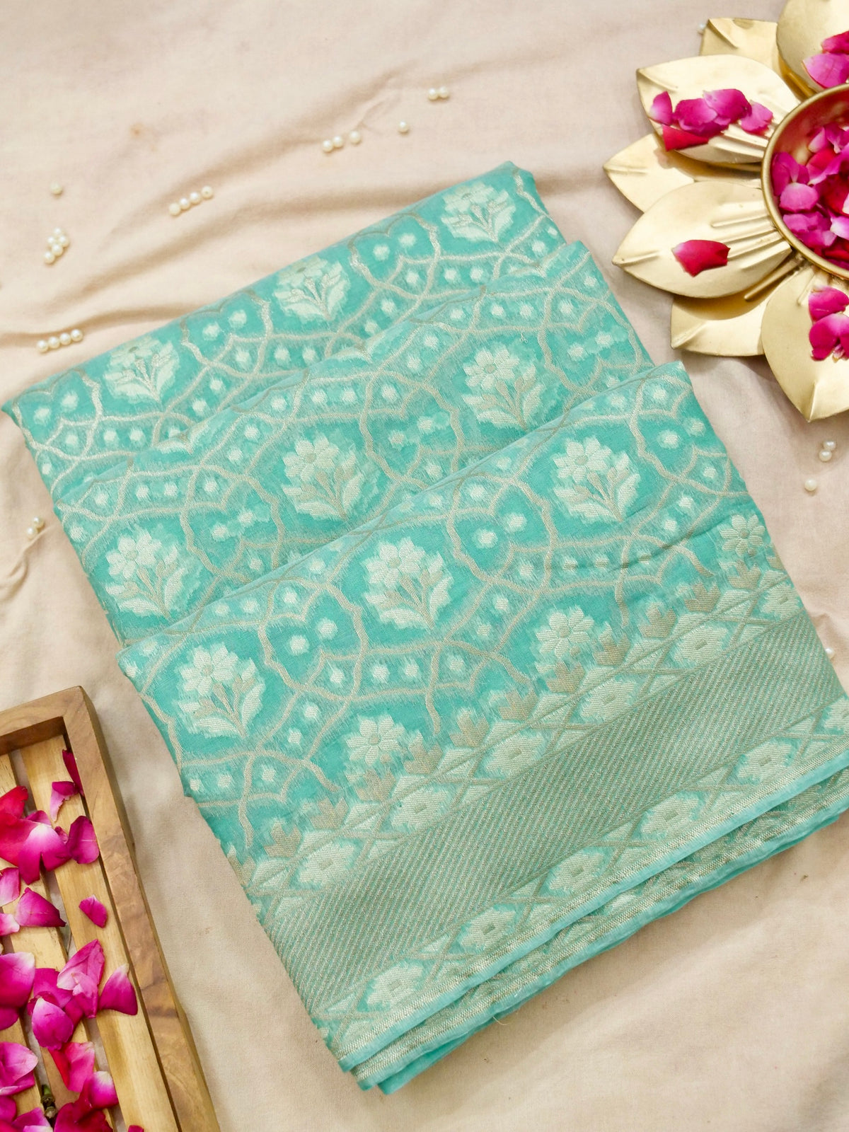 Aqua Blue Jamdhani-Style Saree with Intricate Floral Motifs