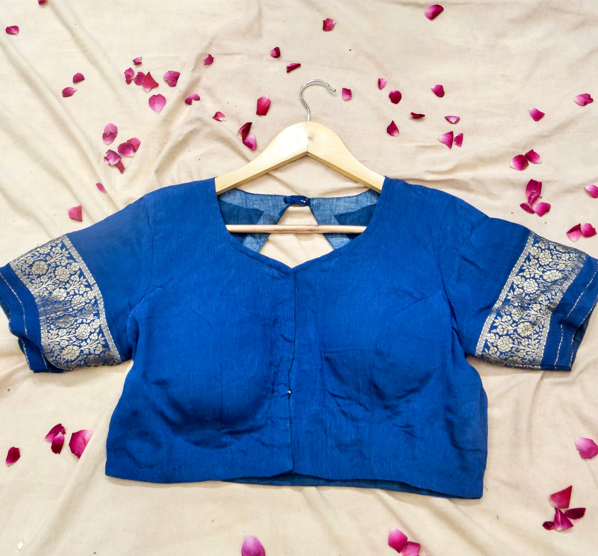 Royal Blue Floral Zari Chiffon Saree with Stitched Blouse
