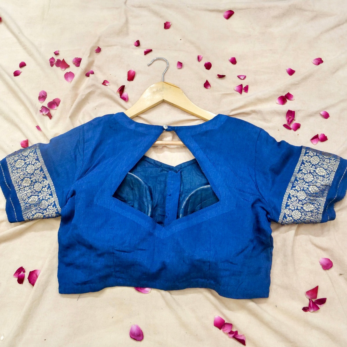 Royal Blue Floral Zari Chiffon Saree with Stitched Blouse