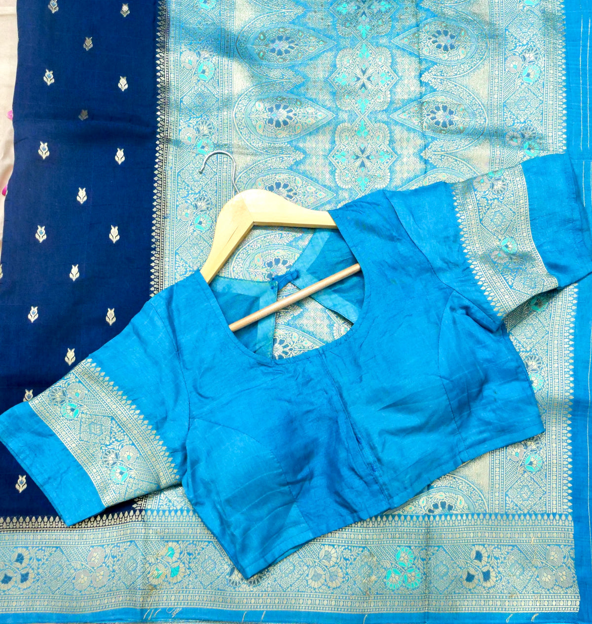 Navy Blue Banarasi Dola Silk Saree with Turquoise Floral Border and Stitched Blouse