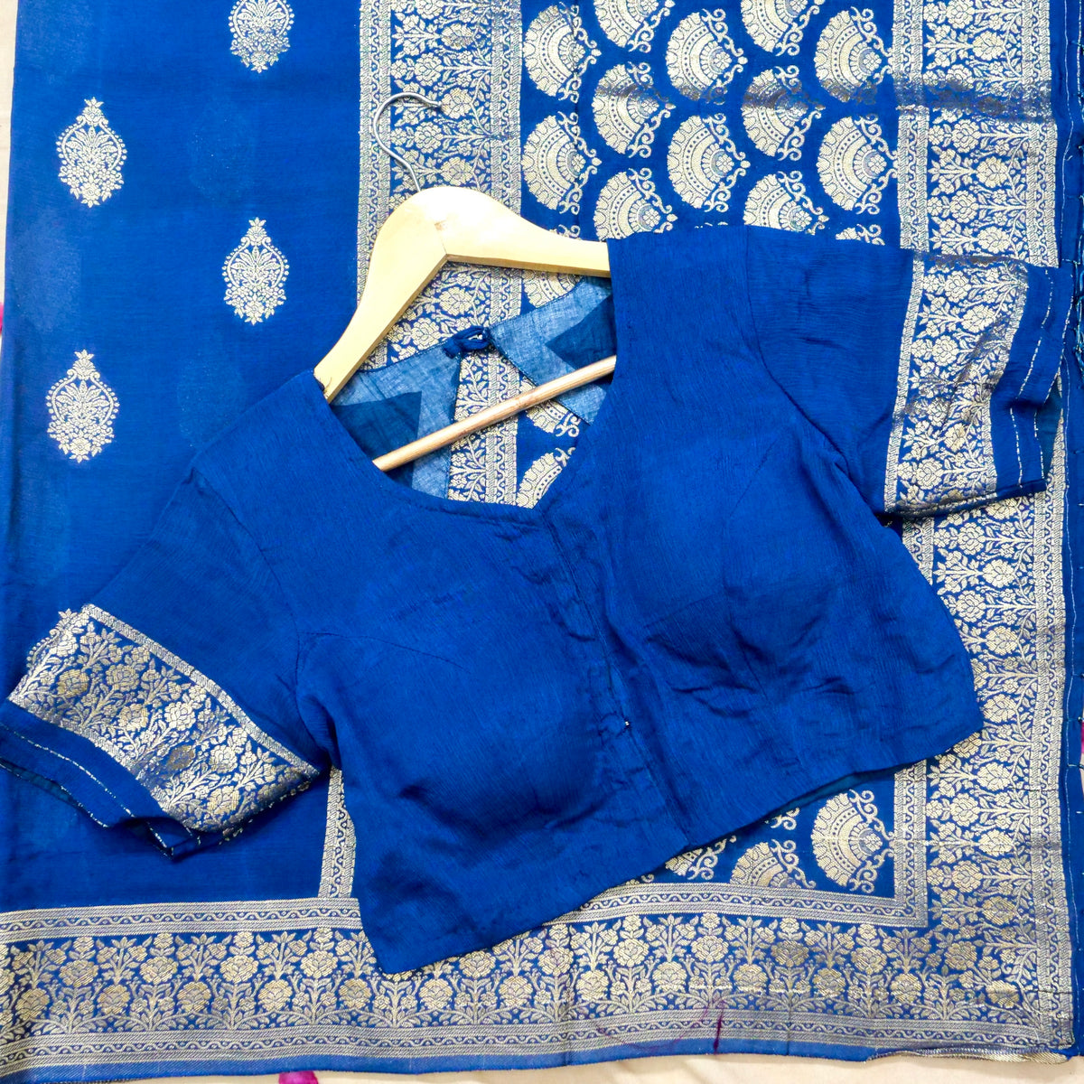 Royal Blue Floral Zari Chiffon Saree with Stitched Blouse