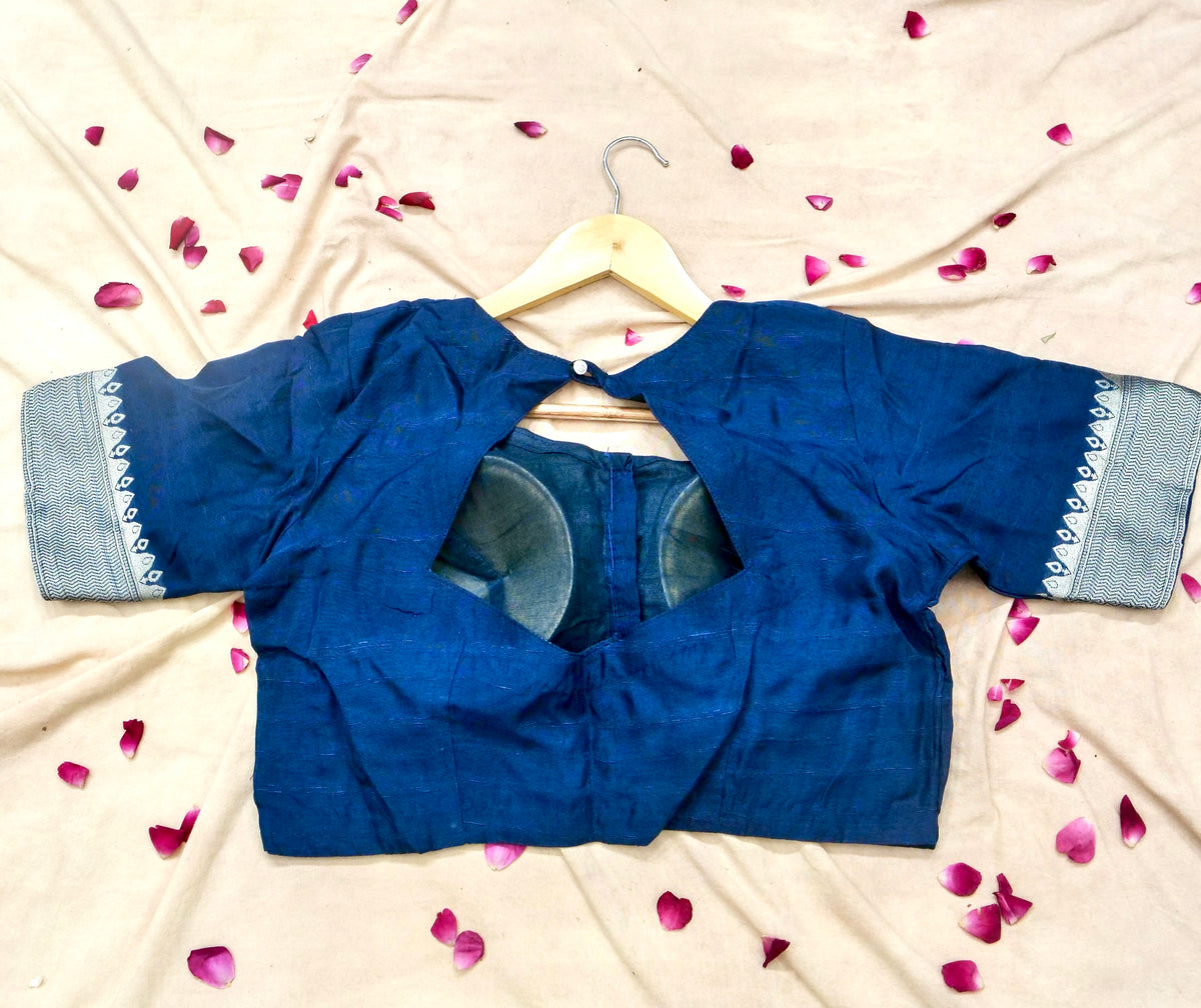 Plum Purple Raw Silk Polka Dot Saree with Steel Blue Geometric Floral Border