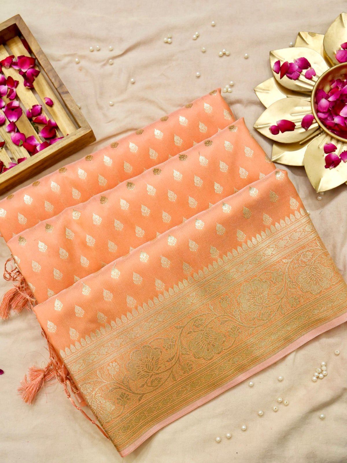 Rich Light Orange Banarasi Silk Saree with Gold Zari Weaving