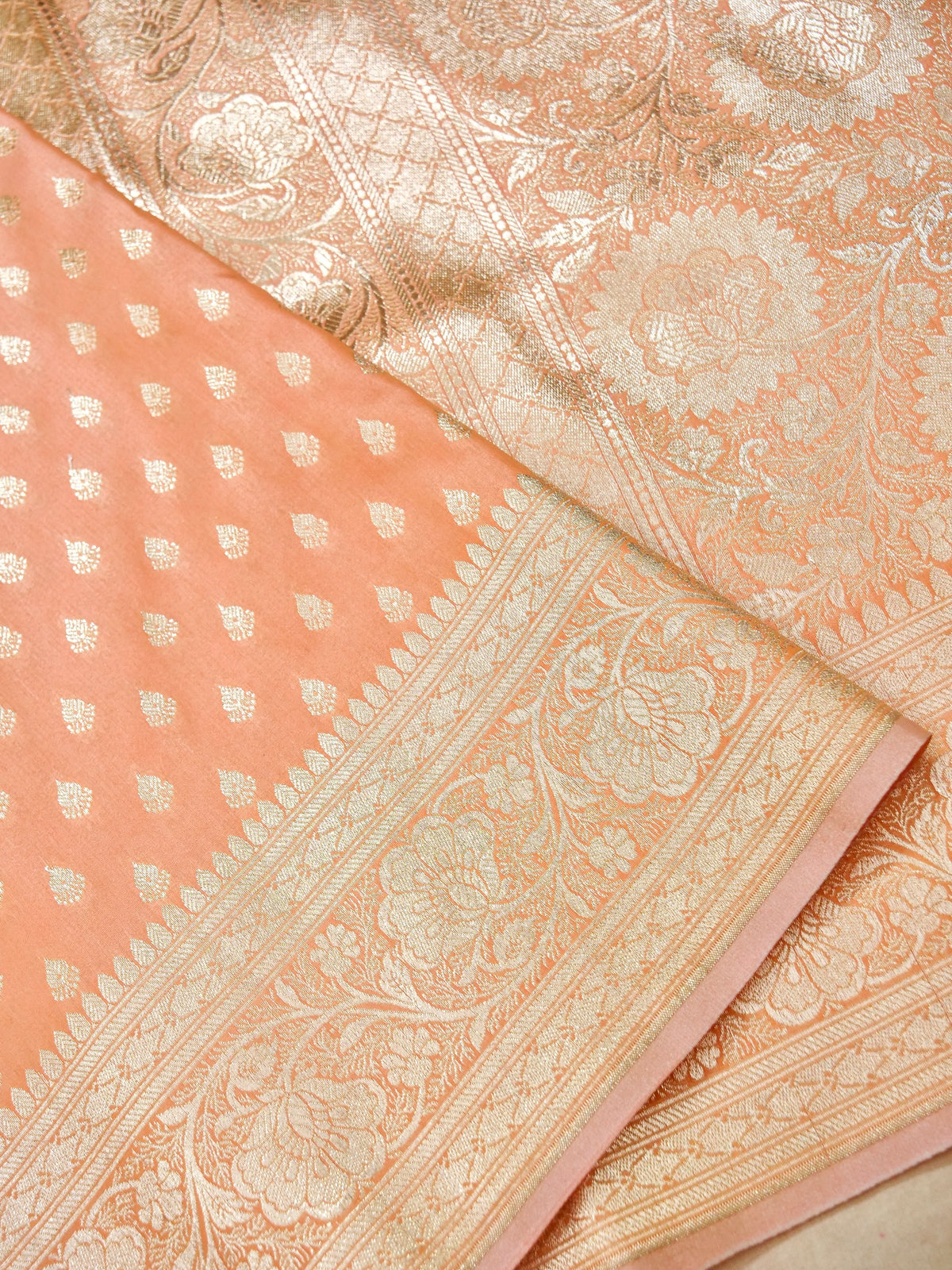 Rich Light Orange Banarasi Silk Saree with Gold Zari Weaving