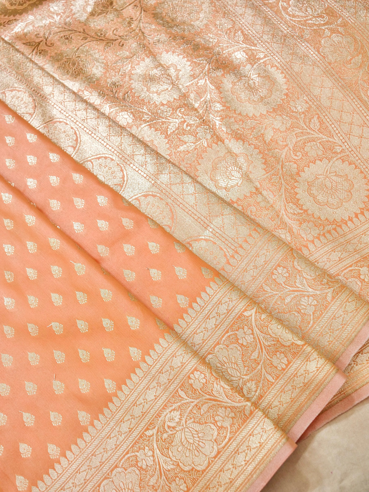 Rich Light Orange Banarasi Silk Saree with Gold Zari Weaving