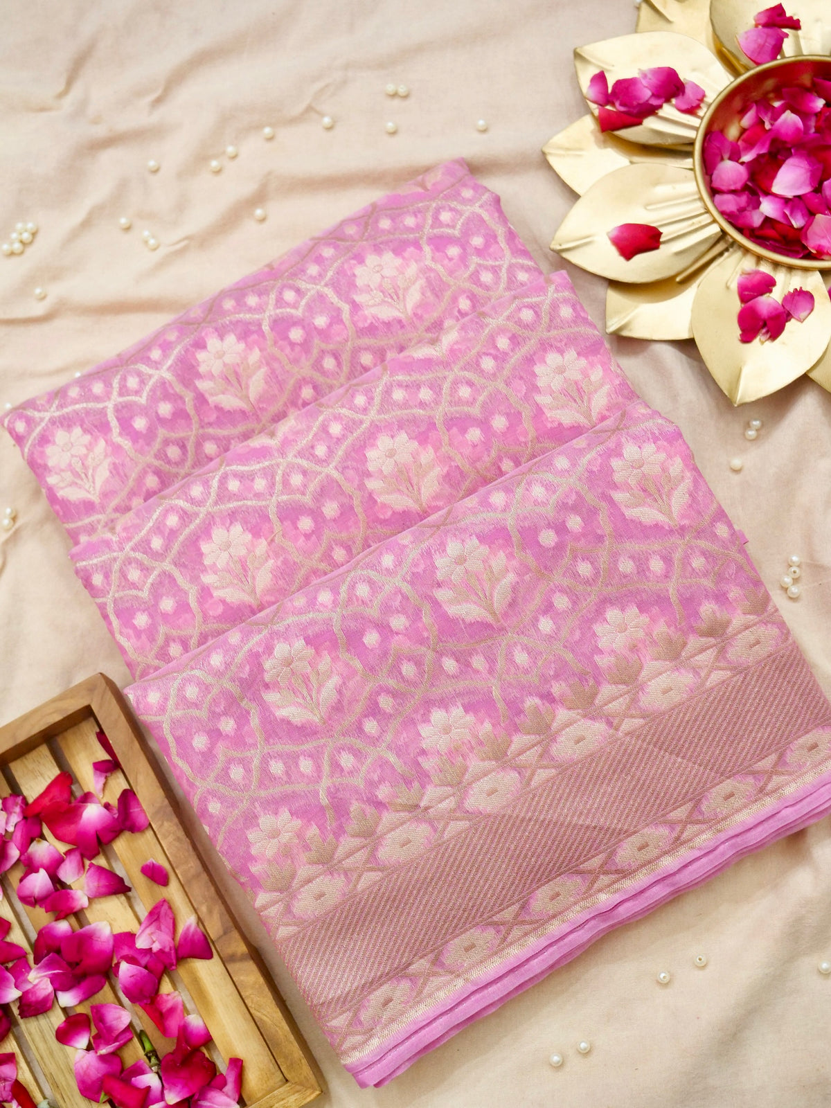 Baby Pink Jamdhani-Style Saree with Intricate Floral Motifs