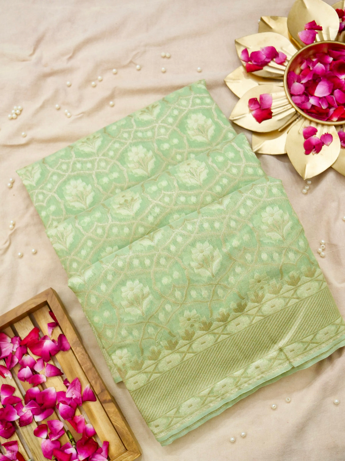 Mint Green Jamdhani-Style Saree with Intricate Floral Motifs