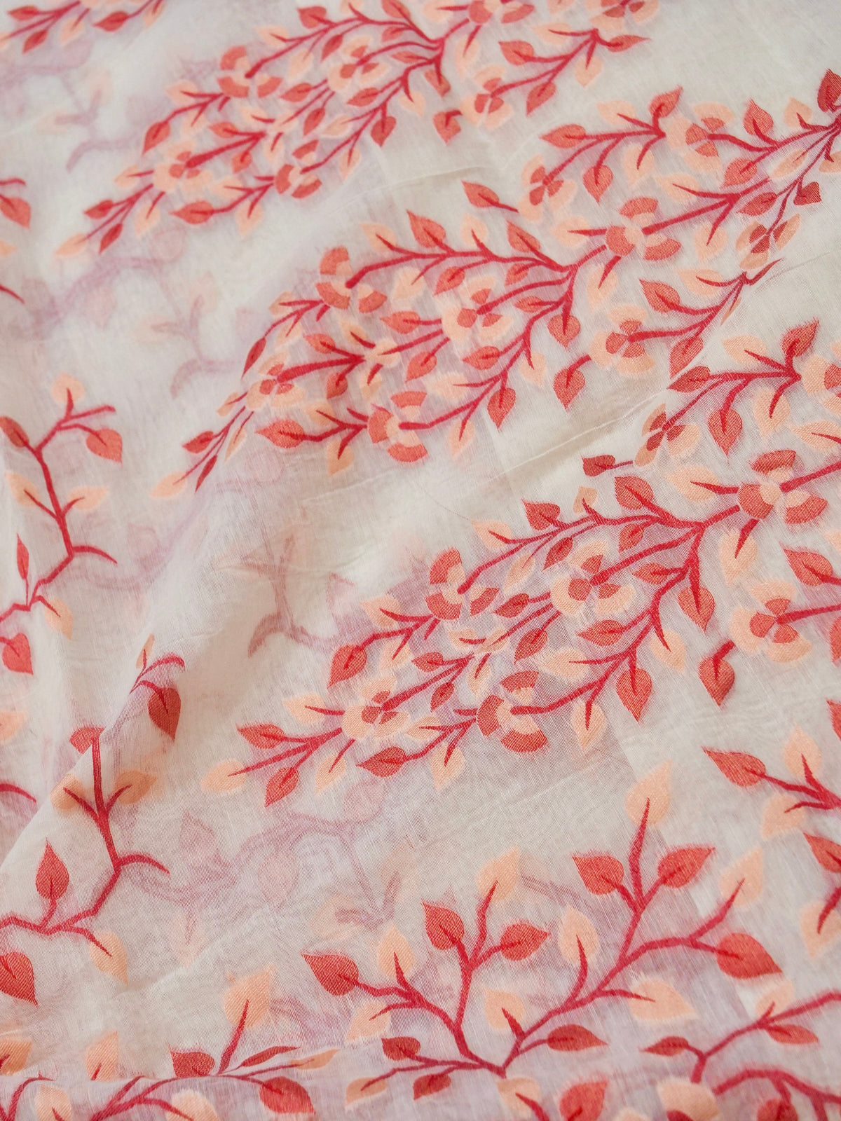 Ivory Jamdhani Style Saree with Coral Geometric Floral Pattern
