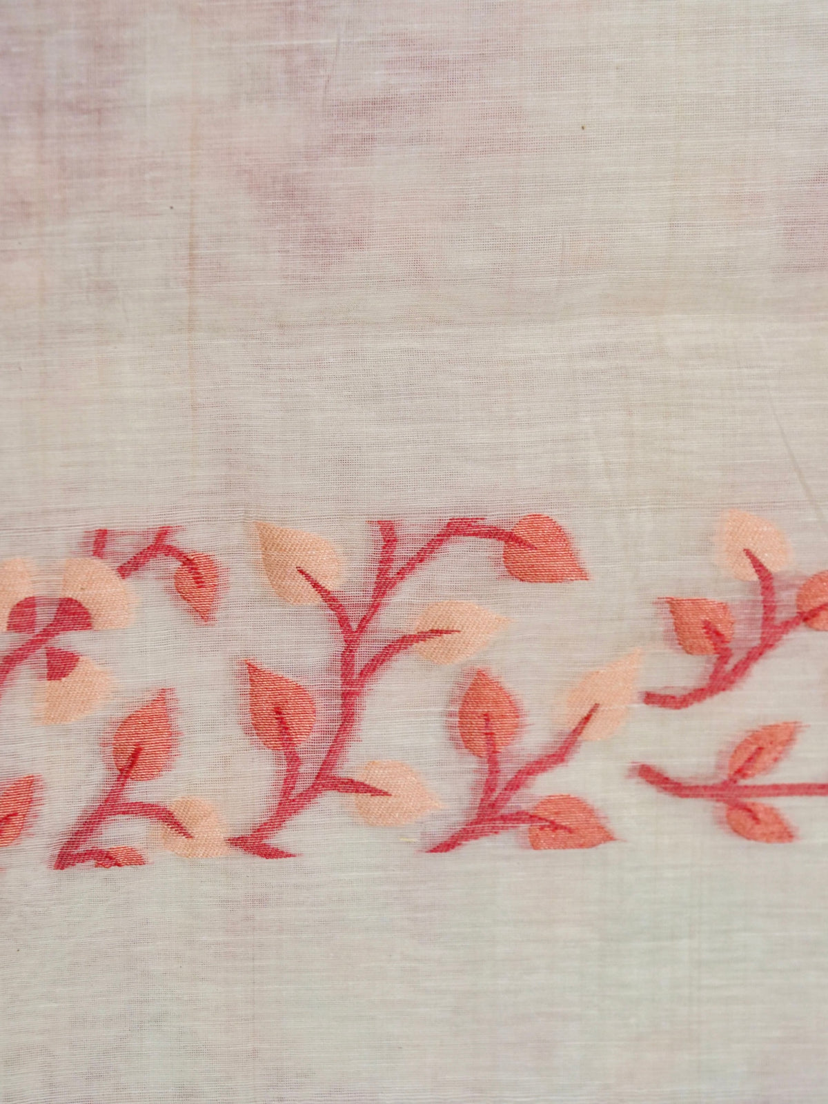 Ivory Jamdhani Style Saree with Coral Geometric Floral Pattern