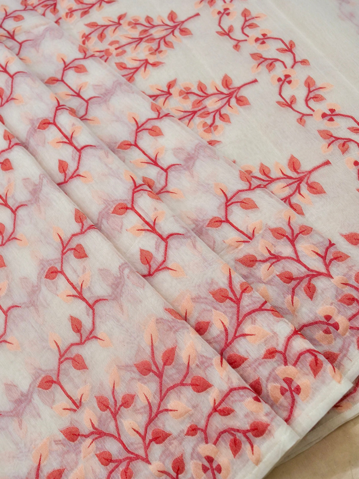 Ivory Jamdhani Style Saree with Coral Geometric Floral Pattern