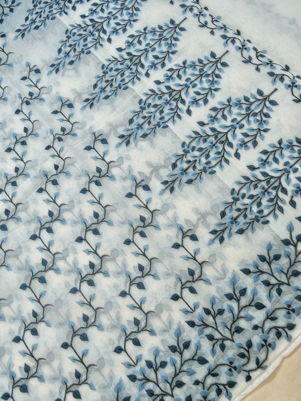 Ivory Jamdhani Style Saree with Grey Blue Geometric Floral Pattern