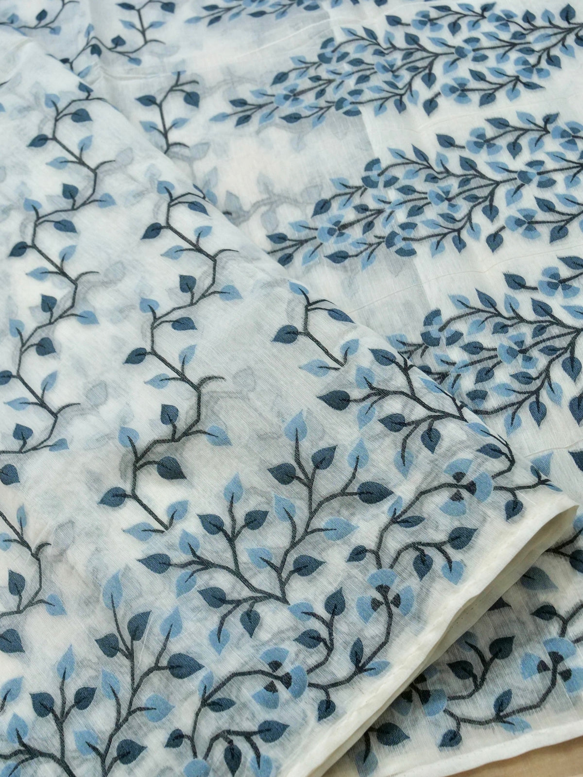 Ivory Jamdhani Style Saree with Grey Blue Geometric Floral Pattern