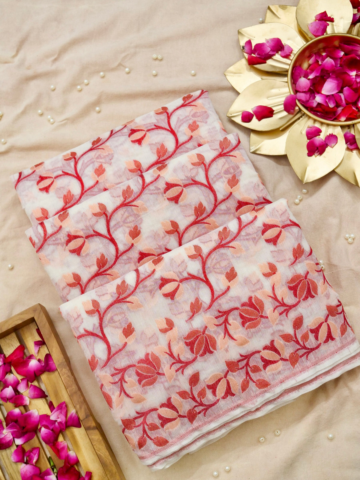 Ivory Jamdhani Style Saree with Peach & Red Woven Motifs