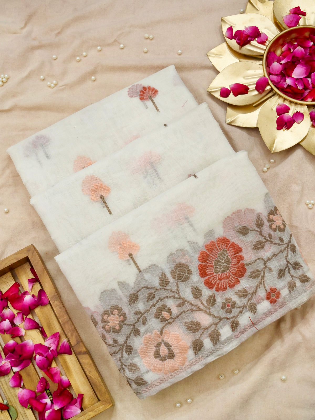 Off-White Jamdhani-Style Saree with Multicolor Woven Floral Border