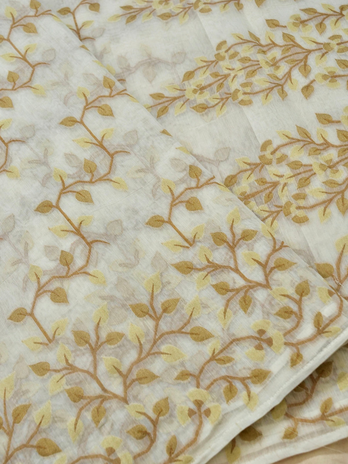 Ivory Jamdhani Style Saree with Mustard Gold Geometric Floral Pattern