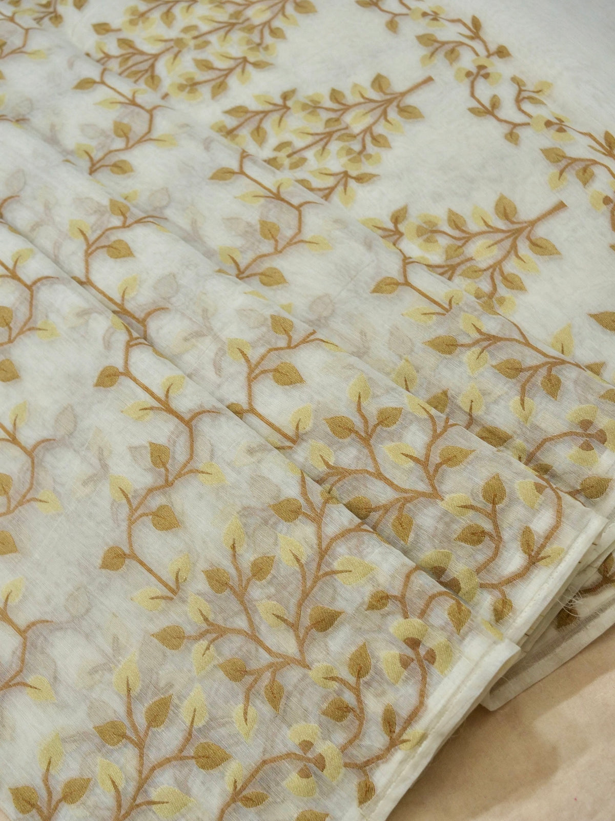 Ivory Jamdhani Style Saree with Mustard Gold Geometric Floral Pattern