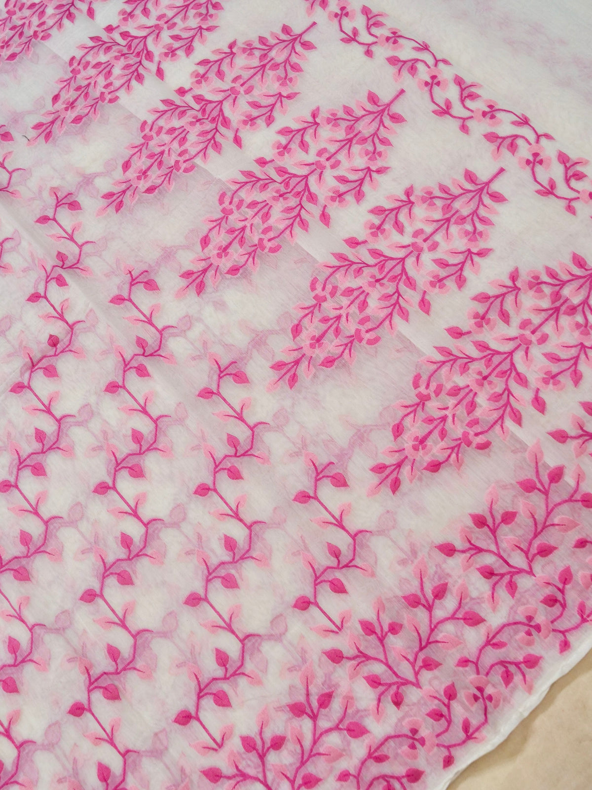 Ivory Jamdhani Style Saree with Pink Geometric Floral Pattern