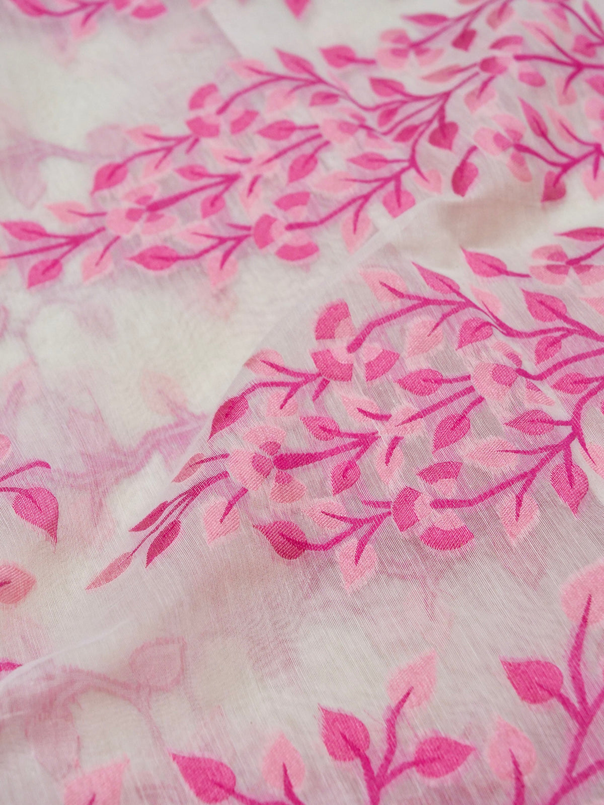 Ivory Jamdhani Style Saree with Pink Geometric Floral Pattern