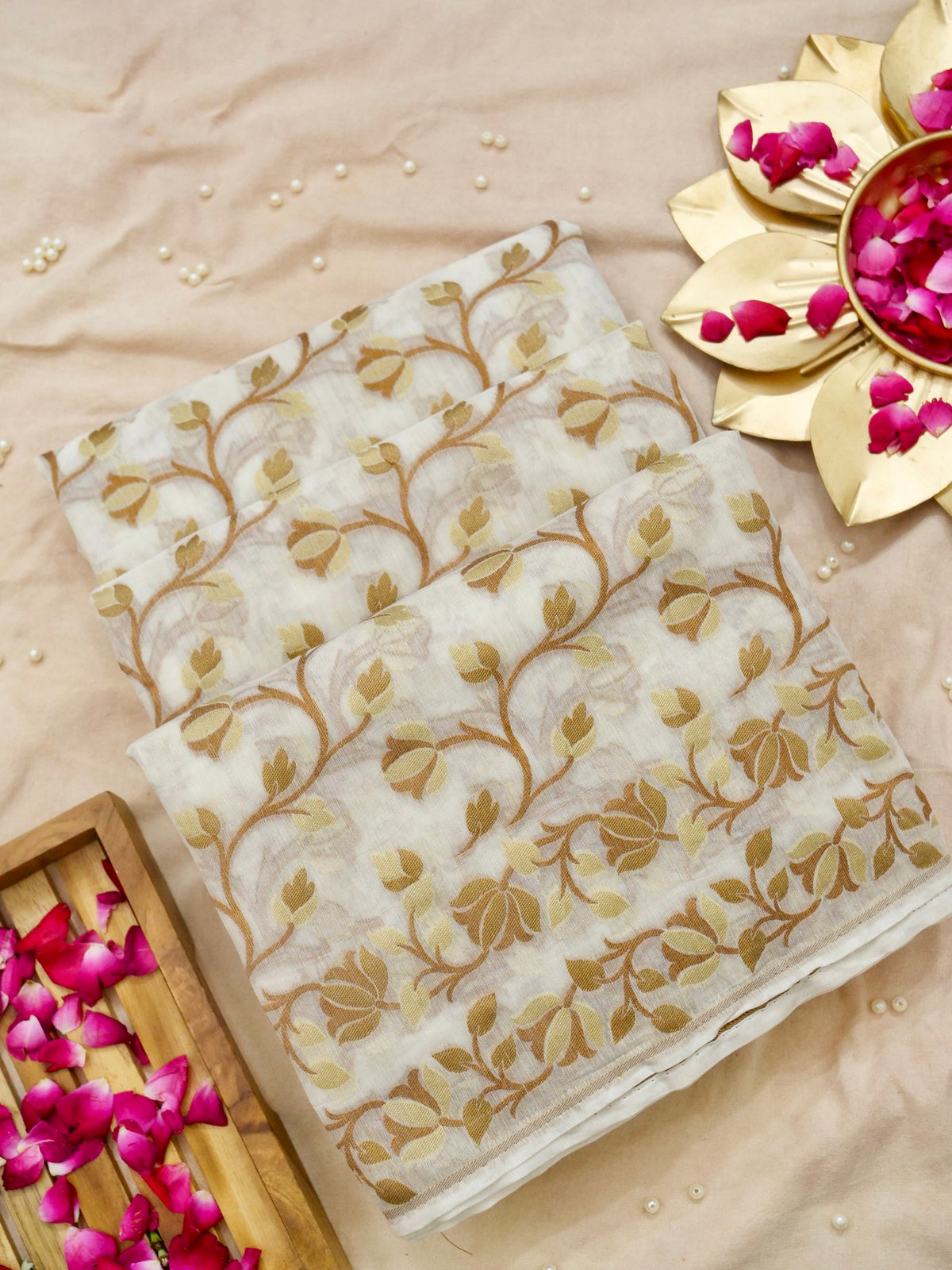 Ivory Jamdhani Style Saree with Mustard Gold Woven Motifs