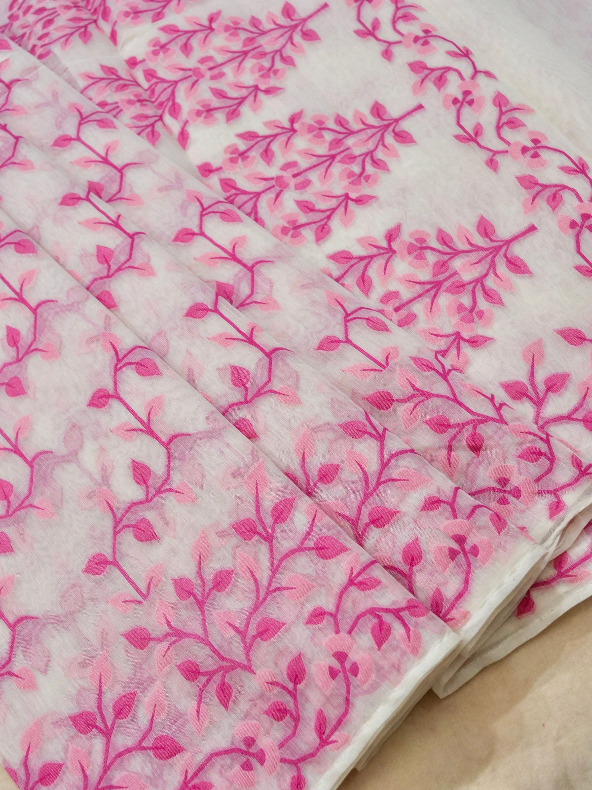 Ivory Jamdhani Style Saree with Pink Geometric Floral Pattern