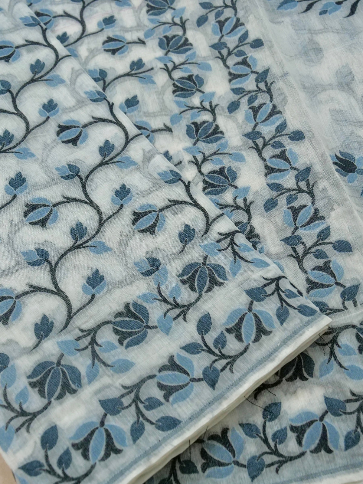Ivory Jamdhani Style Saree with Slate Blue and Charcoal Grey Woven Motifs