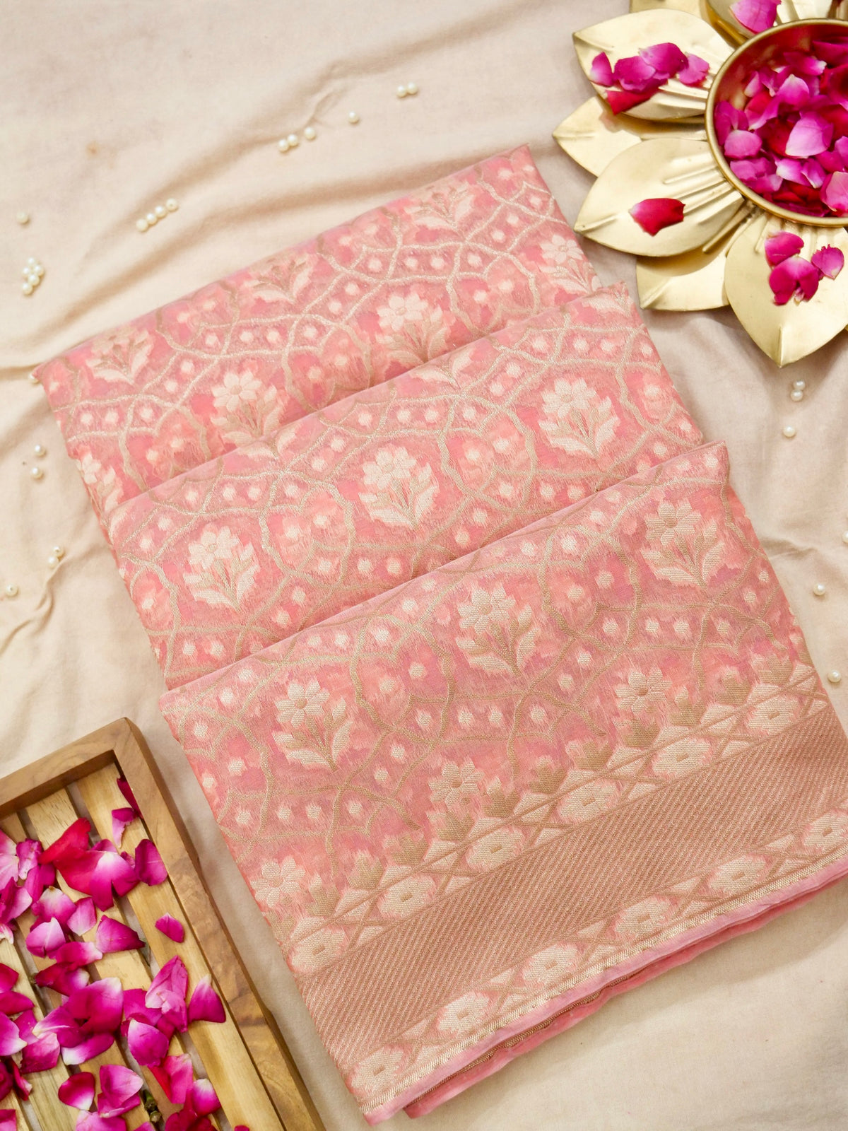 Dusty Rose Jamdhani-Style Saree with Intricate Floral Motifs