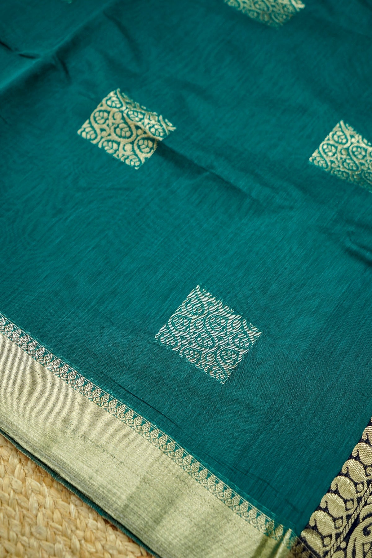 Suvarna - Peacock Teal Maheshwari Silk Saree with Antique Gold Border