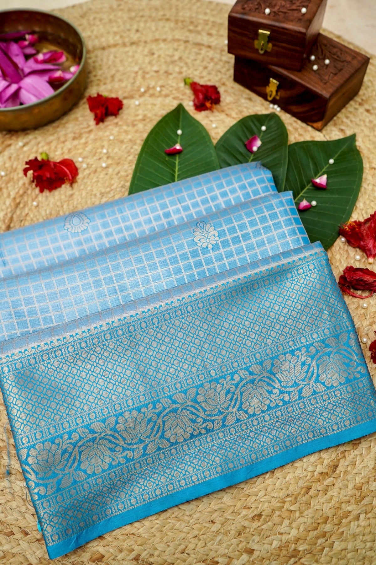 Suvarna - Powder Blue Dharmavaram Tissue Silk Saree