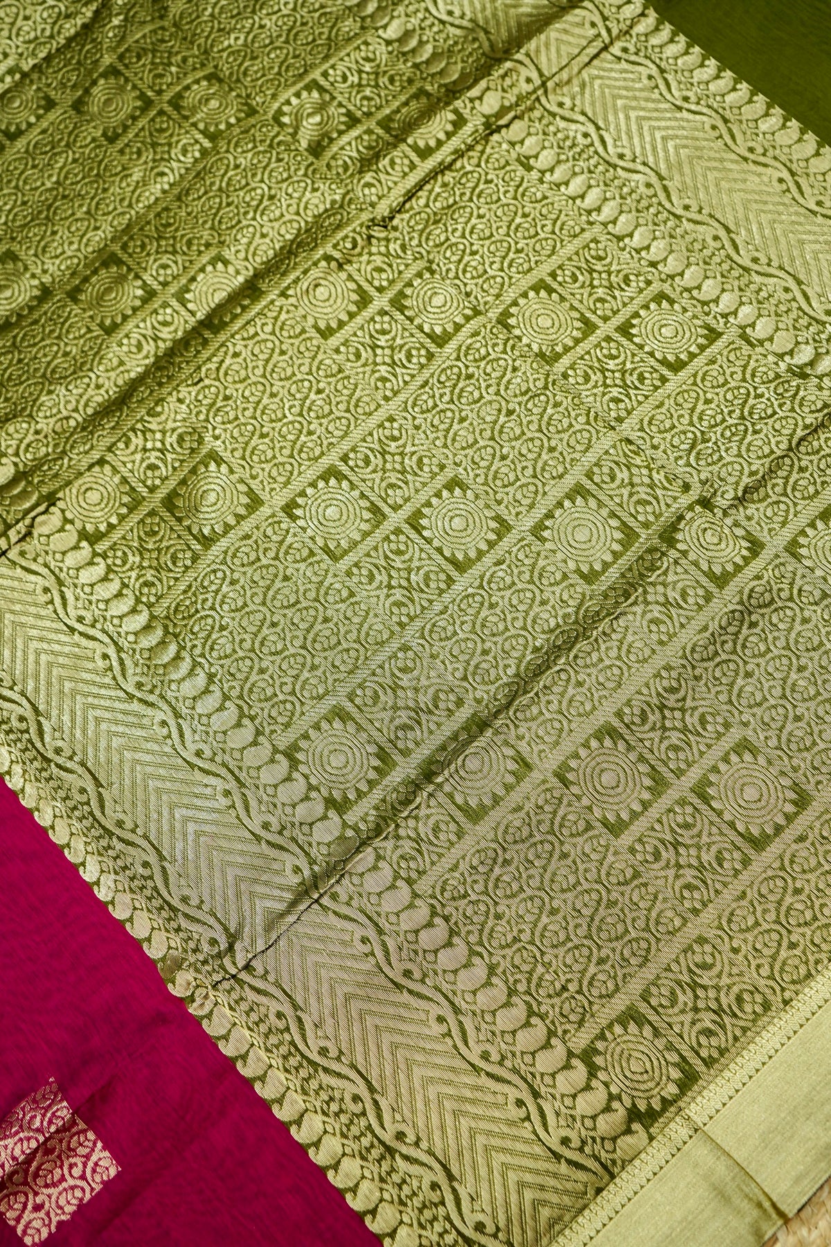 Suvarna - Deep Magenta Maheshwari Silk Saree with Antique Gold Border