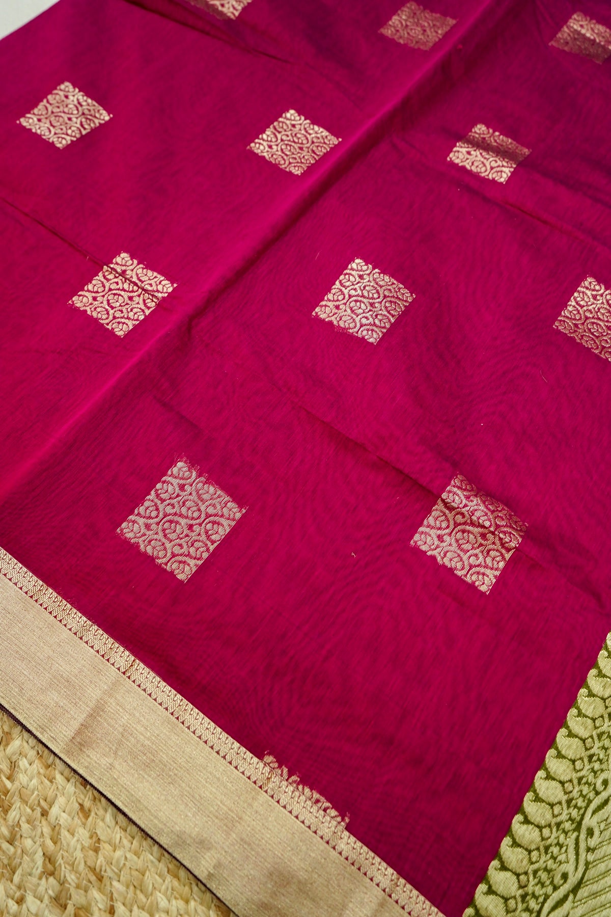Suvarna - Deep Magenta Maheshwari Silk Saree with Antique Gold Border