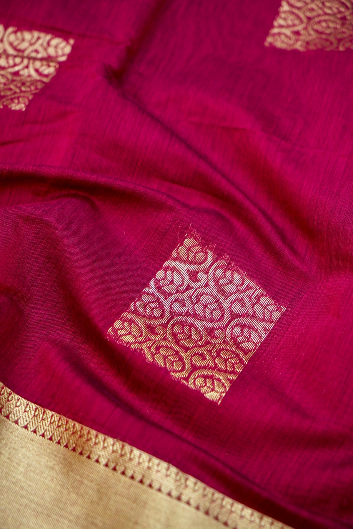 Suvarna - Deep Magenta Maheshwari Silk Saree with Antique Gold Border