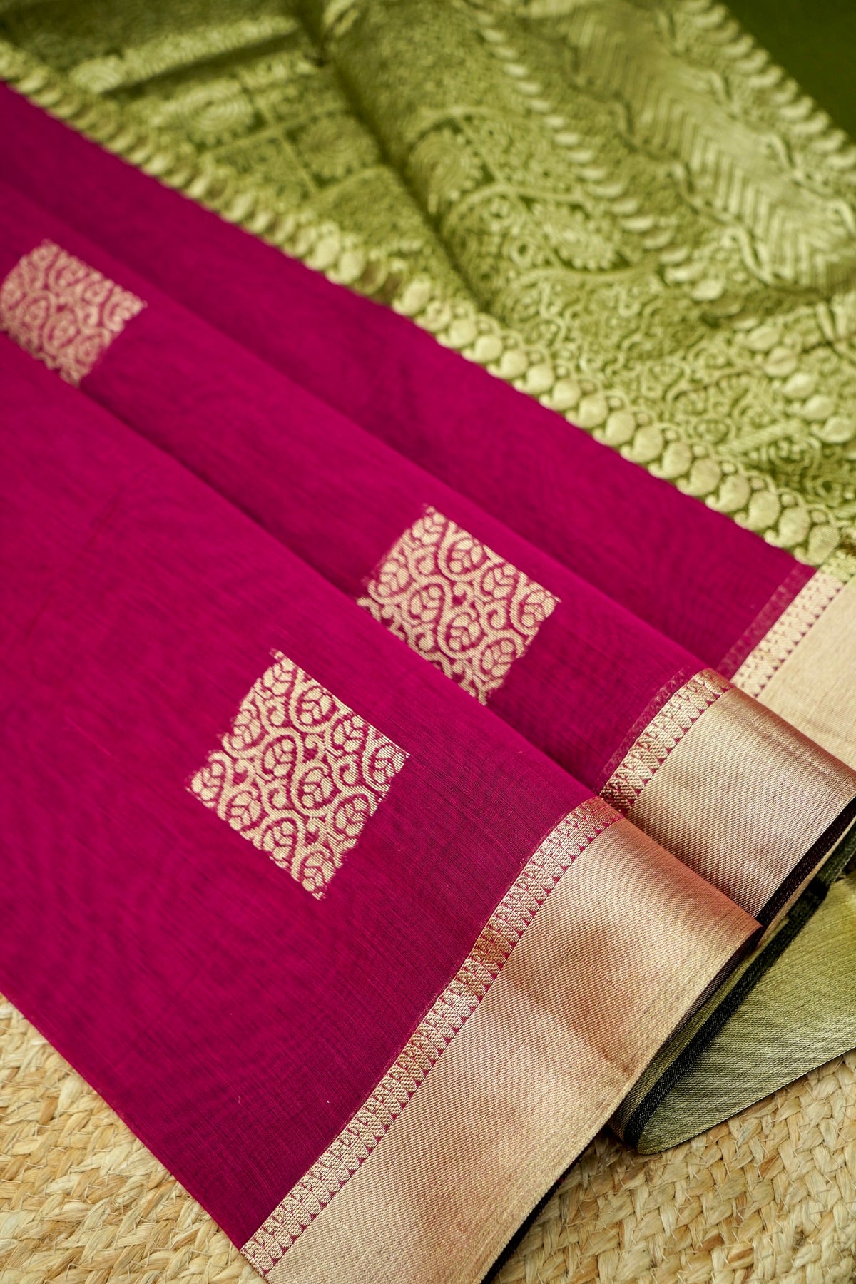 Suvarna - Deep Magenta Maheshwari Silk Saree with Antique Gold Border