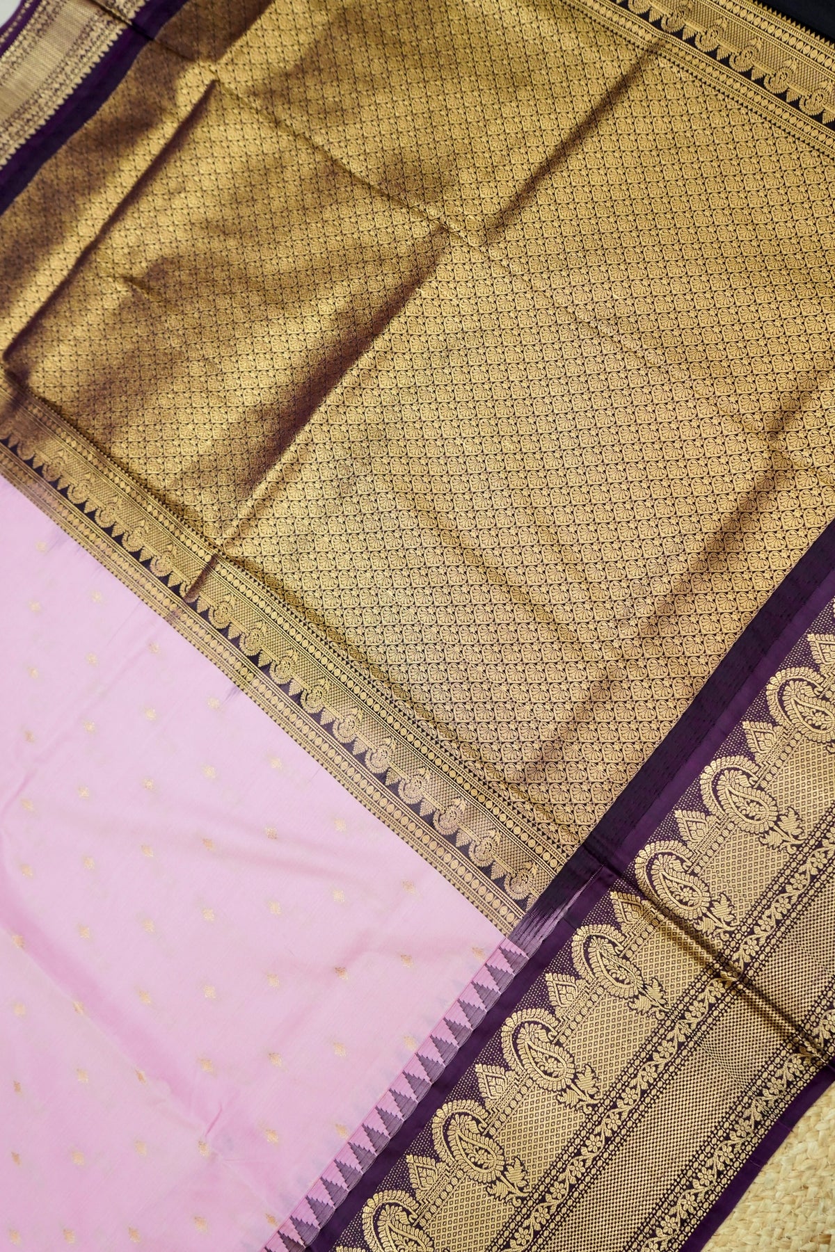 Suvarna - Baby Pink Gadwal Silk Saree with Dark Purple Gold Border