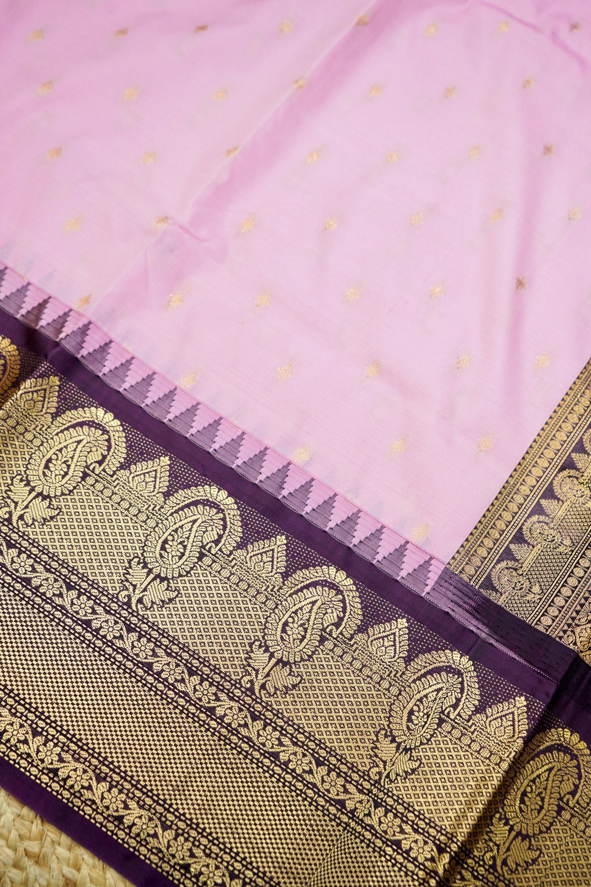 Suvarna - Baby Pink Gadwal Silk Saree with Dark Purple Gold Border