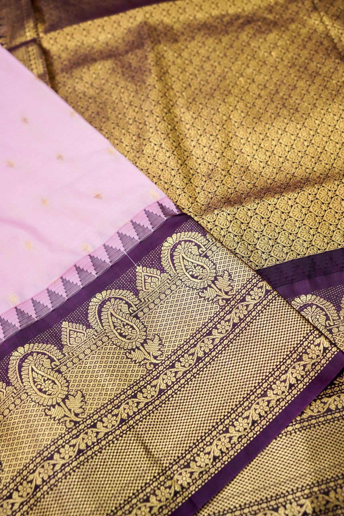 Suvarna - Baby Pink Gadwal Silk Saree with Dark Purple Gold Border