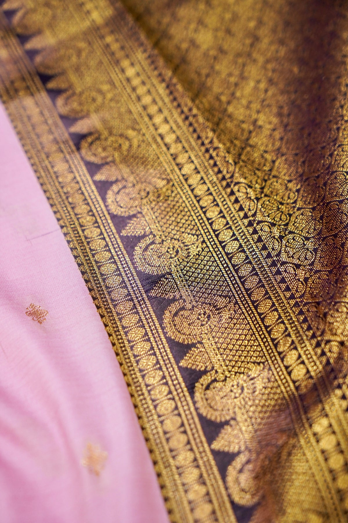 Suvarna - Baby Pink Gadwal Silk Saree with Dark Purple Gold Border