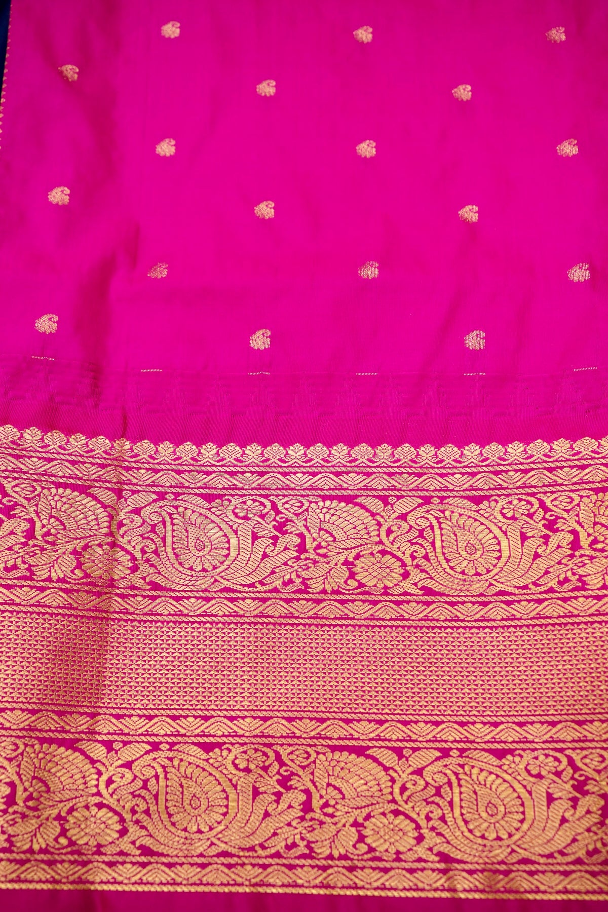 Suvarna - Navy Blue Gadwal Silk Saree with Rani Pink Gold Border