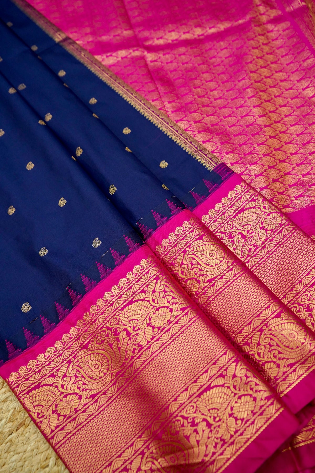 Suvarna - Navy Blue Gadwal Silk Saree with Rani Pink Gold Border