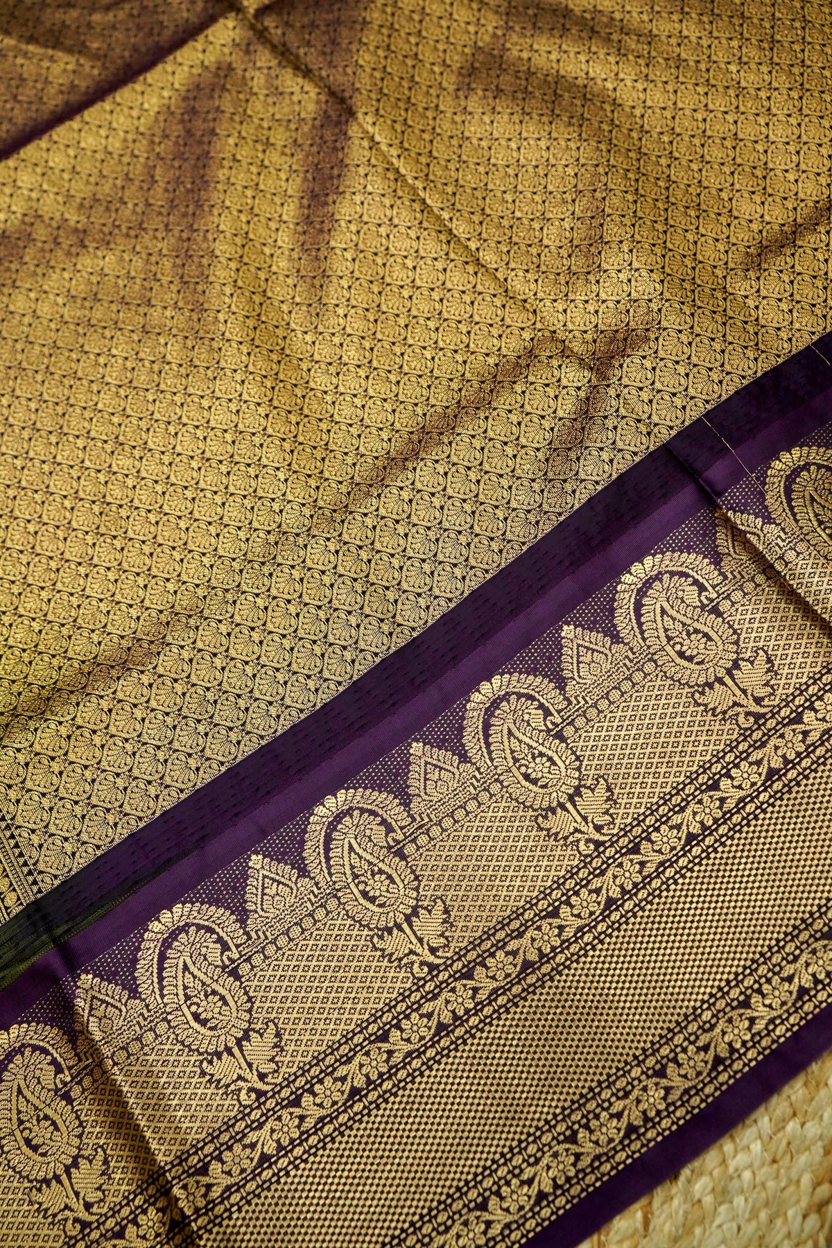 Suvarna - Olive Green Gadwal Silk Saree with Dark Purple Gold Border
