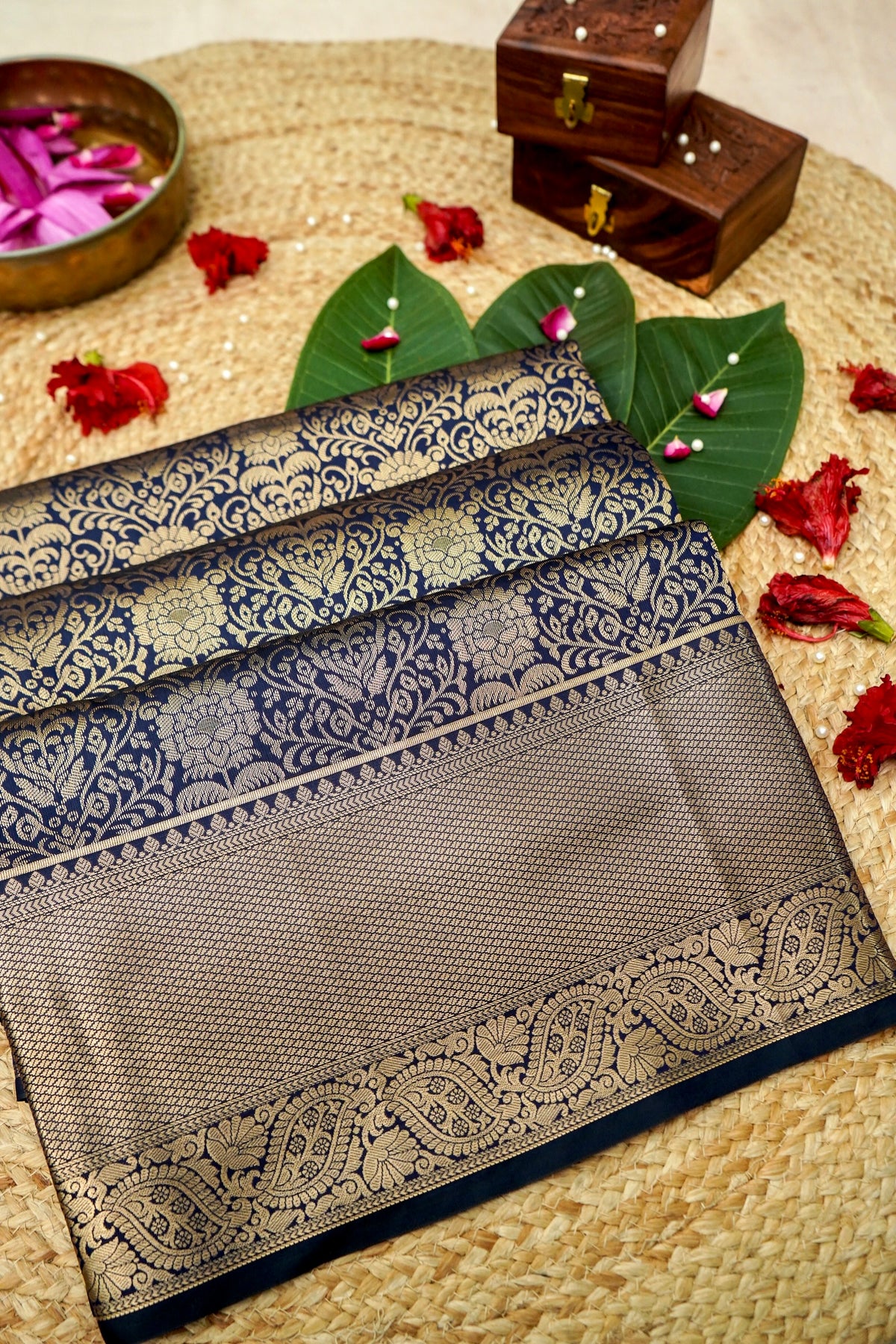 Suvarna - Navy Blue Dharmavaram Tissue Silk Saree
