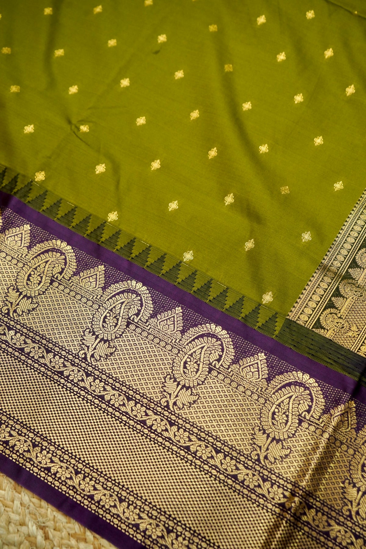 Suvarna - Olive Green Gadwal Silk Saree with Dark Purple Gold Border